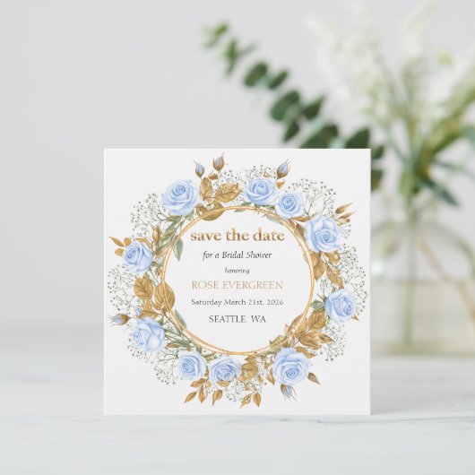 Elegante Dusty Blue Rozen Save the Date (Staand voorkant)