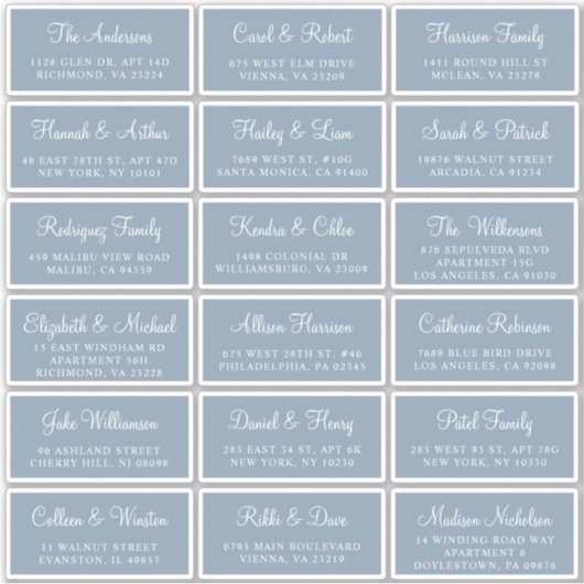 Elegante Dusty Blue Script Wedding Guest Address Sticker (Voorkant)