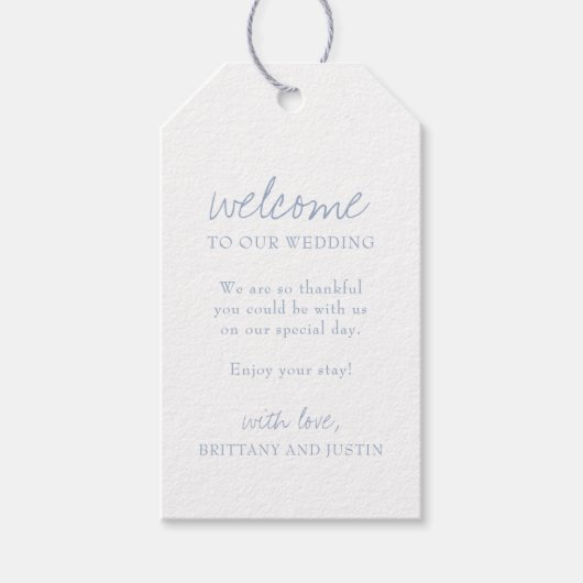 Elegante Dusty Blue Script Wedding Welcome Gift La Cadeaulabel (Voorkant)