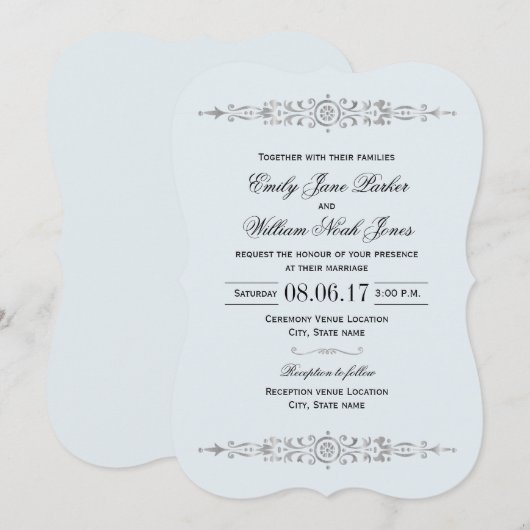 Elegante Dusty Blue Silver bruiloft uitnodiging (Voorkant / Achterkant)