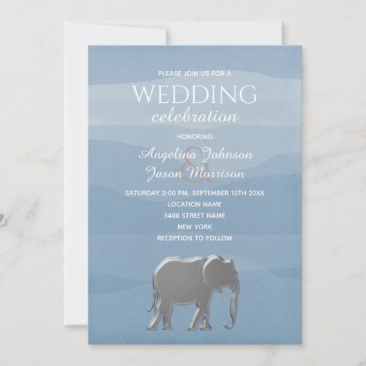 Elegante Dusty Blue Silver Elephant Wedding Kaart (Voorkant)