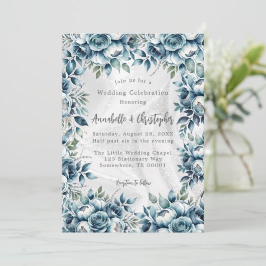 Elegante Dusty Blue Silver Roos bruiloft Kaart (Staand voorkant)
