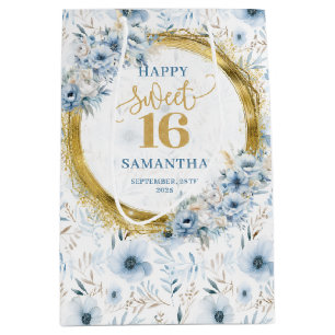 Elegante Dusty Blue Sweet Sixteen Gold Glitter Bag Medium Cadeauzakje