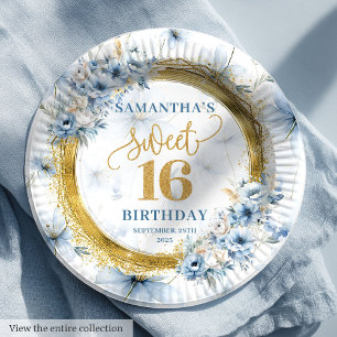 Elegante Dusty Blue Sweet Sixteen Gold Glitter Papieren Bordje