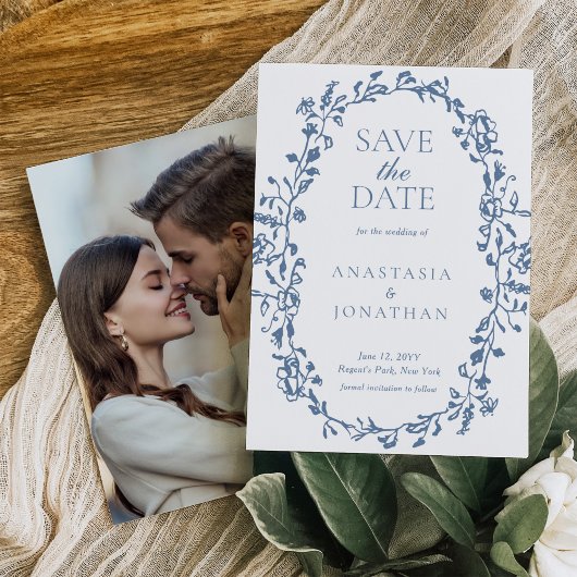 Elegante Dusty Blue Victoriaans Bloemen Fotobruilo Save The Date