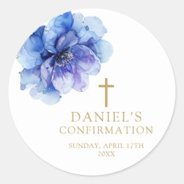 Elegante Dusty Blue Waterverf Bloemenbevestiging Ronde Sticker