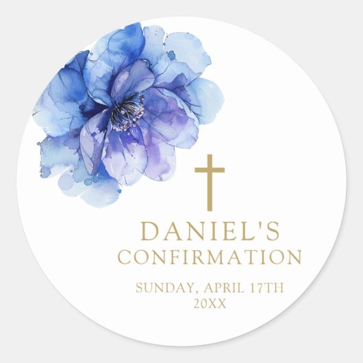 Elegante Dusty Blue Waterverf Bloemenbevestiging Ronde Sticker (Voorkant)