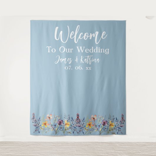 Elegante Dusty Blue Wedding Achtergrond Wandkleed (Voorkant)