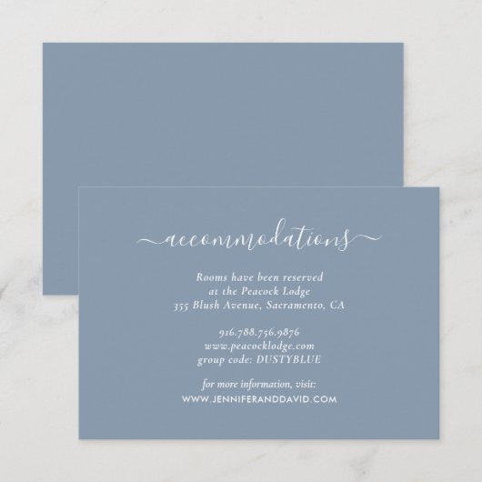 Elegante Dusty Blue Wedding Hotel Accommodatie Informatiekaartje (Voorkant / Achterkant)