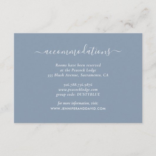 Elegante Dusty Blue Wedding Hotel Accommodatie Informatiekaartje (Voorkant)