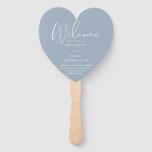 Elegante Dusty Blue Wedding Program Heart Handwaaier (Voorkant)