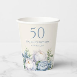 Elegante Dusty Blue White Floral 50ste Verjaardag  Papieren Bekers