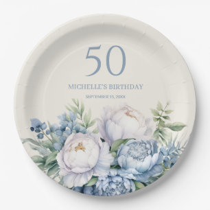 Elegante Dusty Blue White Floral 50ste Verjaardag  Papieren Bordje