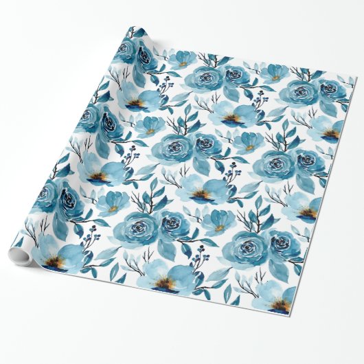 Elegante Dusty Blue White Floral Waterverf Cadeaupapier (Uitgerold)