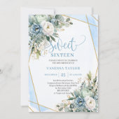 Elegante Dusty Blue White Gold Floral Sweet 16 Kaart (Voorkant)
