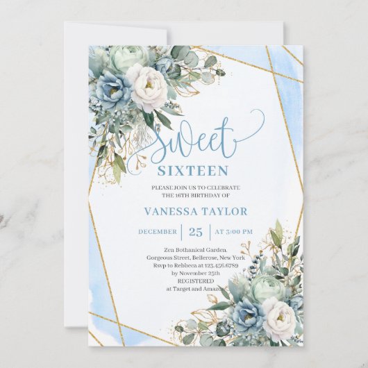 Elegante Dusty Blue White Gold Floral Sweet 16 Kaart (Voorkant)