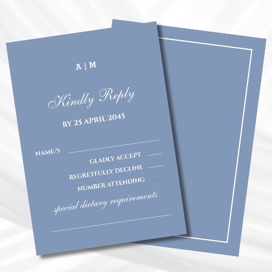 Elegante Dusty Blue White Modern Wedding RSVP Kaar