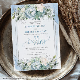 Elegante Dusty Blue White Silver Pioenenbruiloft Kaart