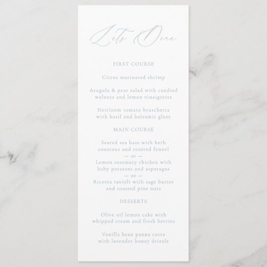 Elegante Dusty Blue & White Wedding Menu (Voorkant)
