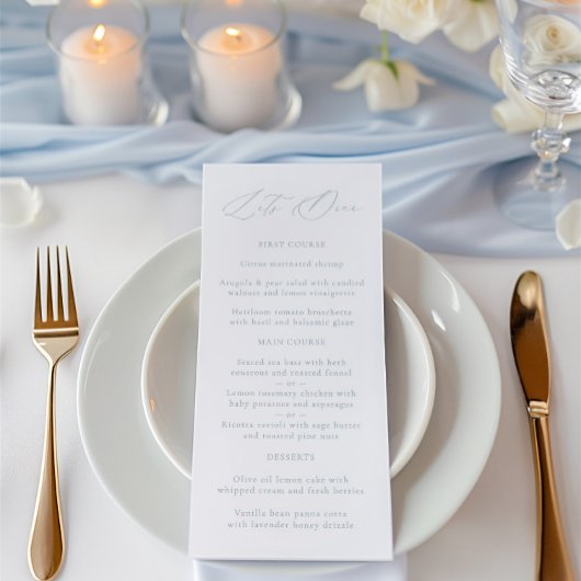 Elegante Dusty Blue & White Wedding Menu