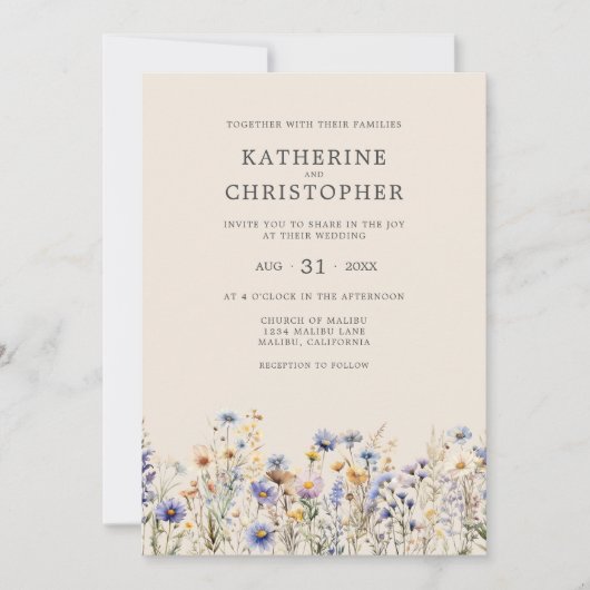 Elegante Dusty Blue Wildflower Budget Beige Weddin Kaart (Voorkant)