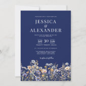 Elegante Dusty Blue Wildflowers Navy Wedding Kaart (Voorkant)