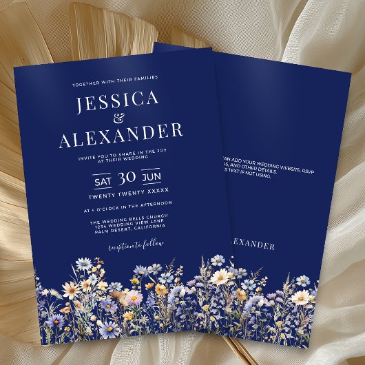Elegante Dusty Blue Wildflowers Navy Wedding Kaart