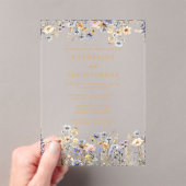 Elegante Dusty Blue Wildflowers Wedding Gold Acryl Uitnodigingen (Insitu (Draagbaar))