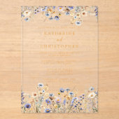 Elegante Dusty Blue Wildflowers Wedding Gold Acryl Uitnodigingen (Voorkant)