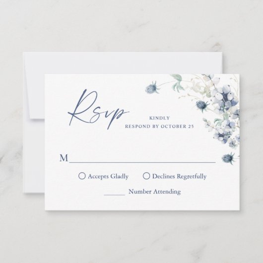 Elegante Dusty Blue Winter Boho Foliage Wedding RSVP Kaartje (Voorkant)