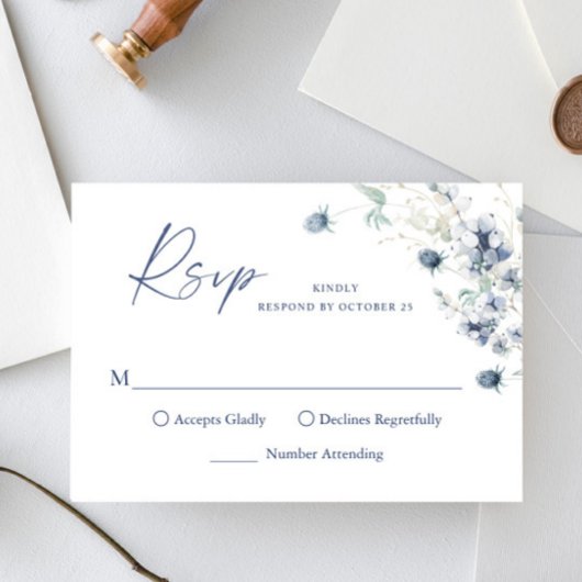 Elegante Dusty Blue Winter Boho Foliage Wedding RSVP Kaartje