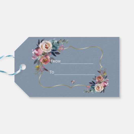 Elegante Dusty BlueMisty Roos Gold Wedding Cadeaulabel (Achterkant Horizontaal)