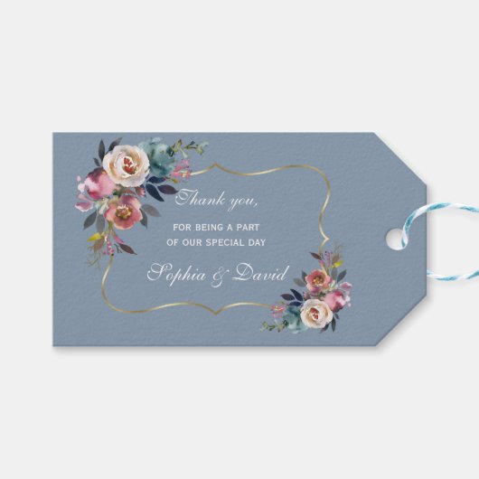 Elegante Dusty BlueMisty Roos Gold Wedding Cadeaulabel (Voorkant (Horizontaal))