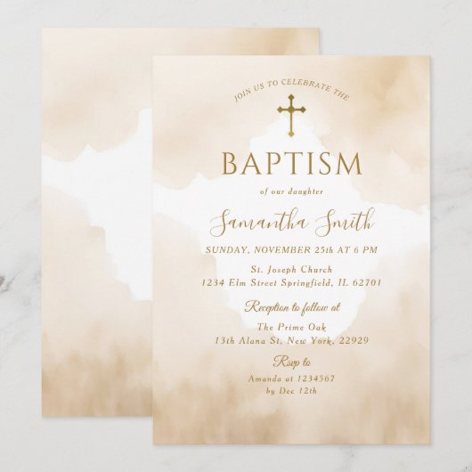 Elegante Dusty Brown Waterverf Gold Cross doop Kaart (Voorkant / Achterkant)