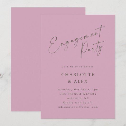 Elegante Dusty Mauve Calligraphy Engagement Party Kaart (Voorkant / Achterkant)