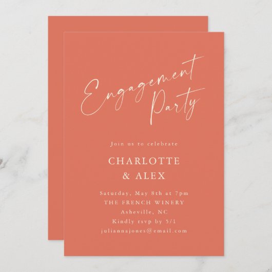 Elegante Dusty Oranje Script Engagement Party Kaart (Voorkant / Achterkant)