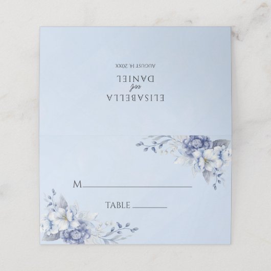 Elegante Dusty Poeder Blauw en Goud Bloemen Huweli Plaatskaartje (Buitenkant ongevouwen)