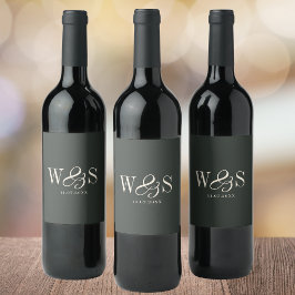 Elegante ebbenhouten initiaal bruidsparen wijn etiket