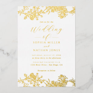 Elegante Echte Gouden Folie Bloemen Kant Script Tr Uitnodiging