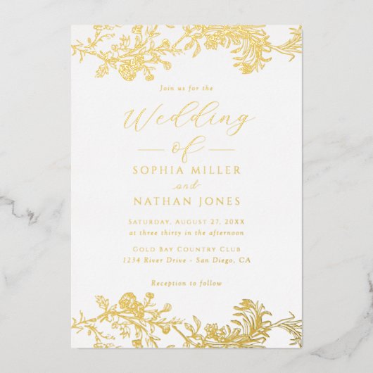 Elegante Echte Gouden Folie Bloemen Kant Script Tr Uitnodiging (Voorkant)