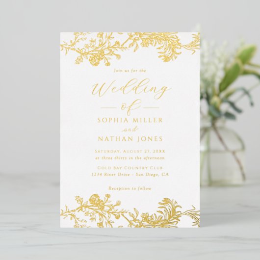 Elegante Echte Gouden Folie Bloemen Kant Script Tr Uitnodiging (Staand Voorkant)