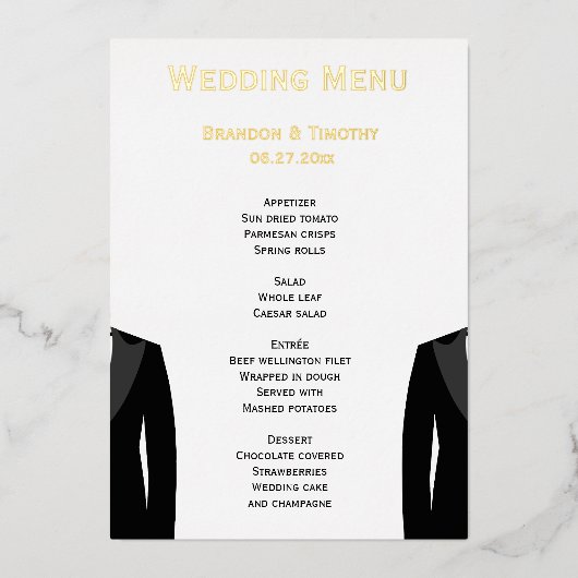 Elegante echte gouden folie gay trouwmenu kaarten (Voorkant)