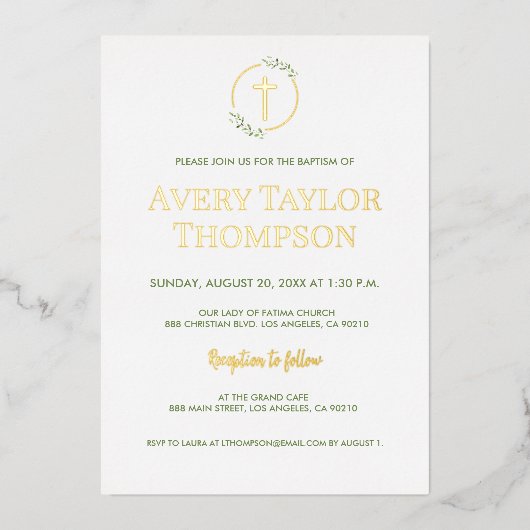 Elegante Echte Gouden Kruis Waterverf laurier Doop Folie Feestdagenkaart (Voorkant)