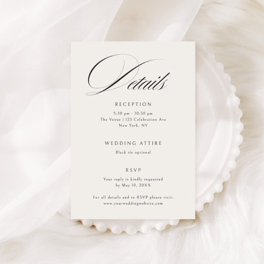 Elegante Ecru Black Calligraphy Wedding Details Informatiekaartje