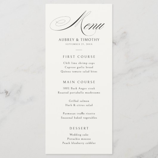 Elegante Ecru Black Calligraphy Wedding Menu (Voorkant)