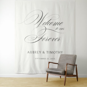 Elegante Ecru Black Calligraphy Wedding Welkom Wandkleed