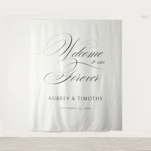 Elegante Ecru Black Calligraphy Wedding Welkom Wandkleed (Voorkant)
