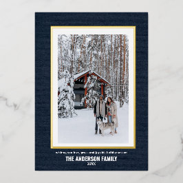 Elegante één foto Blauw Goud Kerstmis Folie Feestdagenkaart