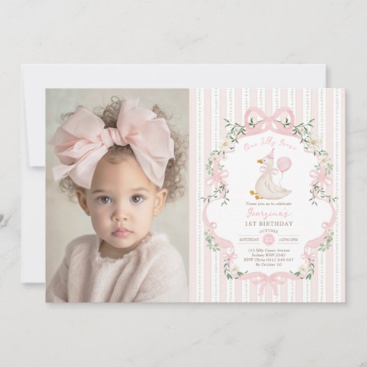 Elegante Een Gekke Gans Roze Boog Meisje 1e Verjaa Kaart (Voorkant)