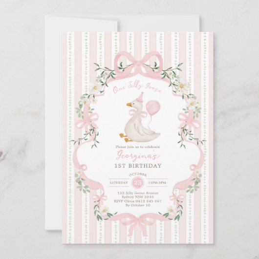 Elegante Een Gekke Gans Roze Boog Meisje 1e Verjaa Kaart (Voorkant)